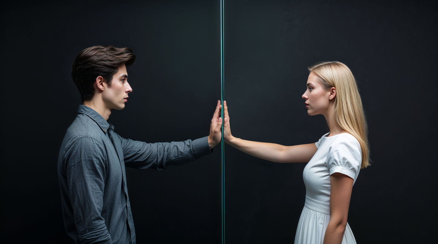 A young man and a young woman standing opposite each other touching a pane of glass that separates them.
